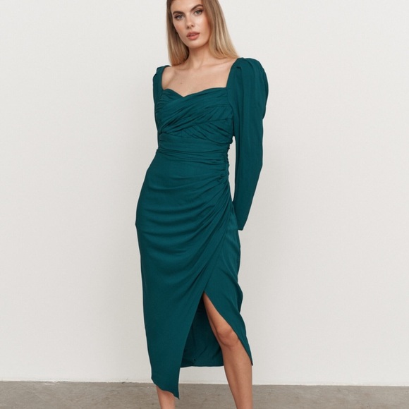 Self-Portrait deep teal Iris long sleeve jersey midi dress - size 2 (XS) NWOT - Picture 5 of 5